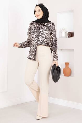 Beli Lastikli İspanyol Paça Pantolon Krem - Thumbnail