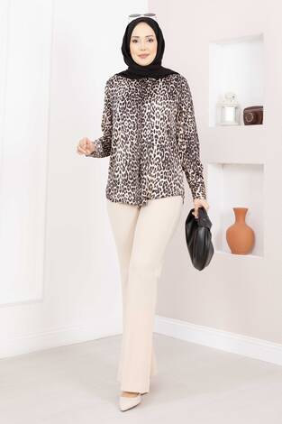 Beli Lastikli İspanyol Paça Pantolon Krem - Thumbnail