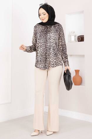 Beli Lastikli İspanyol Paça Pantolon Krem - Thumbnail