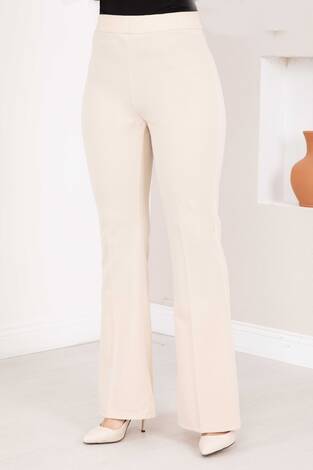 Beli Lastikli İspanyol Paça Pantolon Krem - Thumbnail