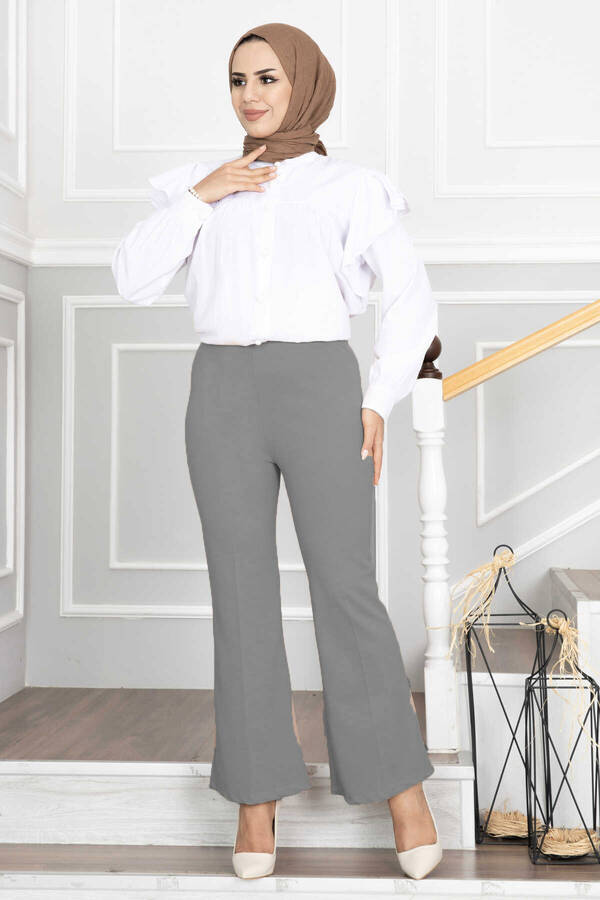 Beli Lastikli İspanyol Paça Tesettür Pantolon Gri