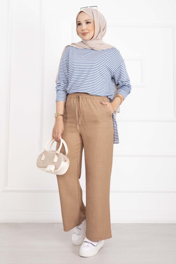 Beli Lastikli Keten Pantolon Camel - 3