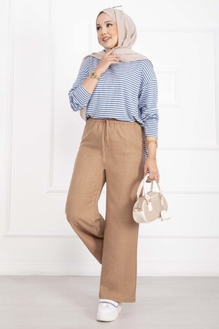 Beli Lastikli Keten Pantolon Camel - Thumbnail