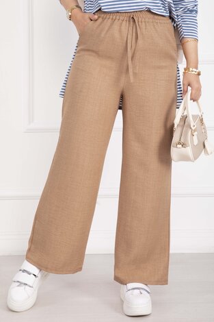 Beli Lastikli Keten Pantolon Camel - Thumbnail