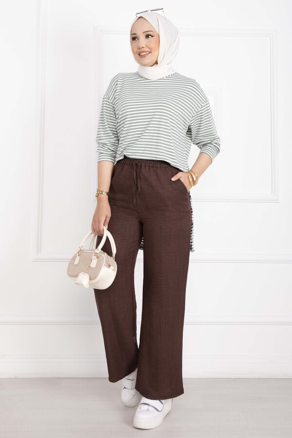 Beli Lastikli Keten Pantolon Kahve - 3