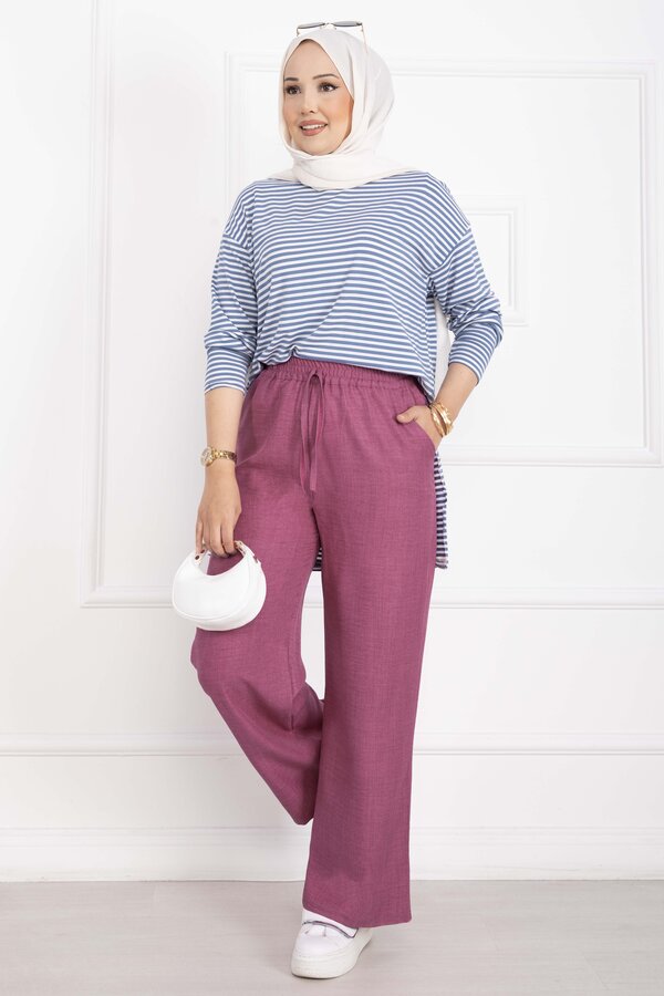 Mds - Beli Lastikli Keten Pantolon Pembe