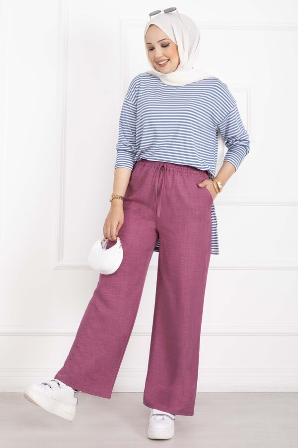 Beli Lastikli Keten Pantolon Pembe - 3