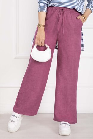 Beli Lastikli Keten Pantolon Pembe - Thumbnail