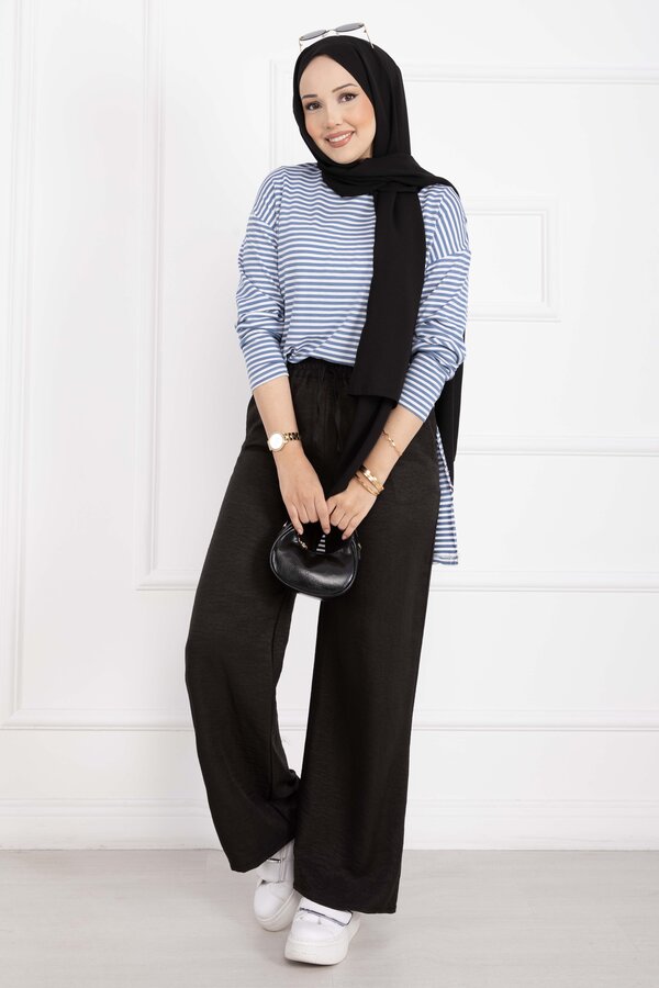 Beli Lastikli Keten Pantolon Siyah - 3