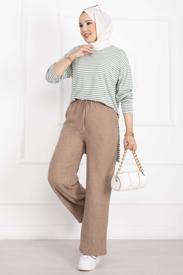 Beli Lastikli Keten Pantolon Vizon - 3