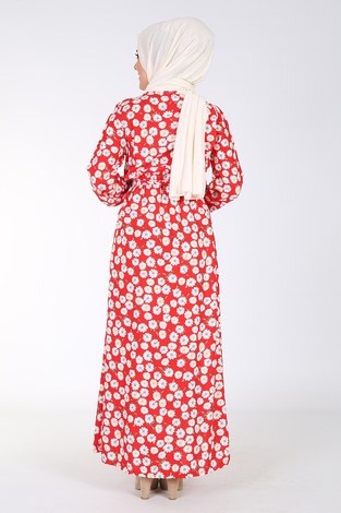 Beli Lastikli Kuşaklı Elbise 14242-2 Kırmızı - Thumbnail