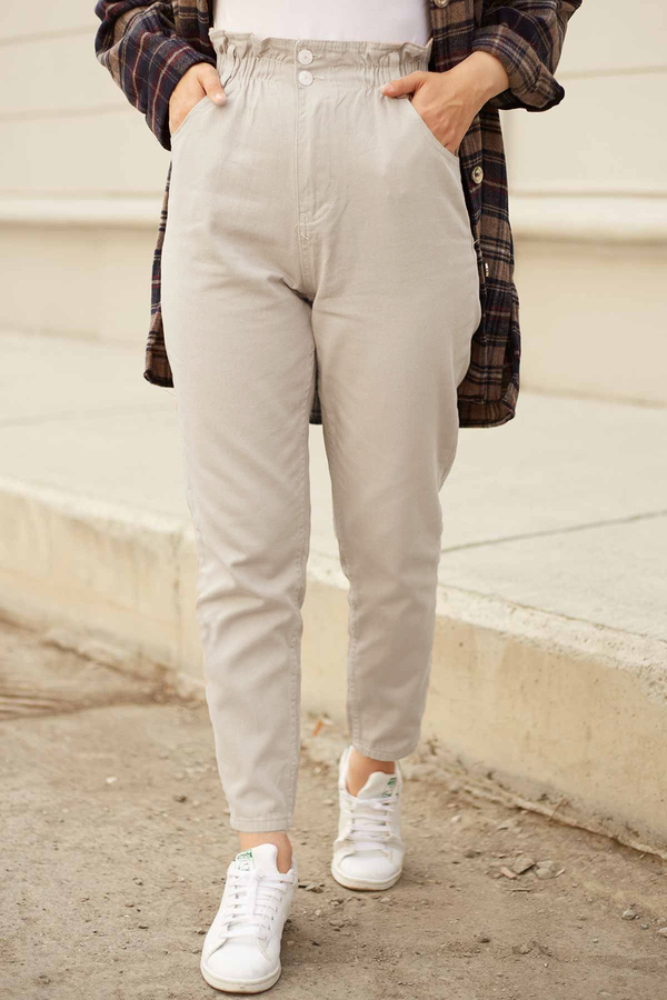 E - Beli Lastikli Mom Jean 190E2246 Ekru (1)