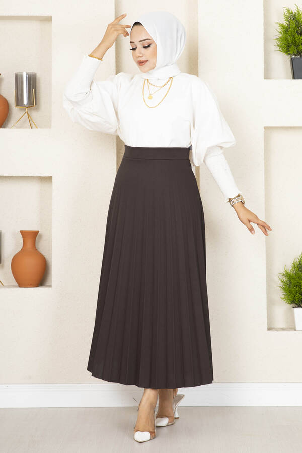 Mds - Beli Lastikli Piliseli Tesettür Etek Acı Kahve