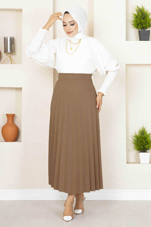 Beli Lastikli Piliseli Tesettür Etek Camel Beli Lastikli Piliseli Tesettür Etek Camel
