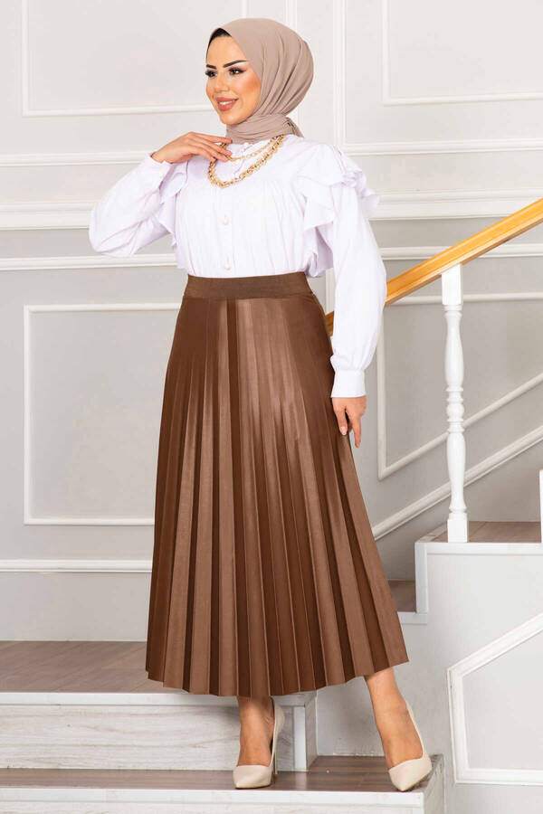 Mds - Beli Lastikli Piliseli Tesettür Etek Kiremit (1) Mds - Beli Lastikli Piliseli Tesettür Etek Kiremit (1)