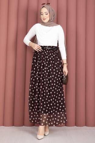 Beli Lastikli Puantiyeli Şifon Tül Yazlık Etek Kahve - Thumbnail