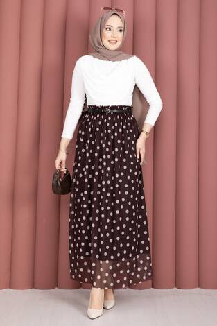 Beli Lastikli Puantiyeli Şifon Tül Yazlık Etek Kahve - Thumbnail