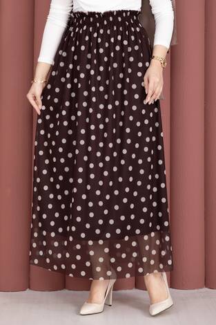 Beli Lastikli Puantiyeli Şifon Tül Yazlık Etek Kahve - Thumbnail