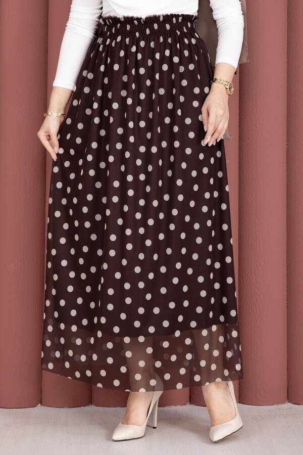 Mds - Beli Lastikli Puantiyeli Şifon Tül Yazlık Etek Kahve (1)