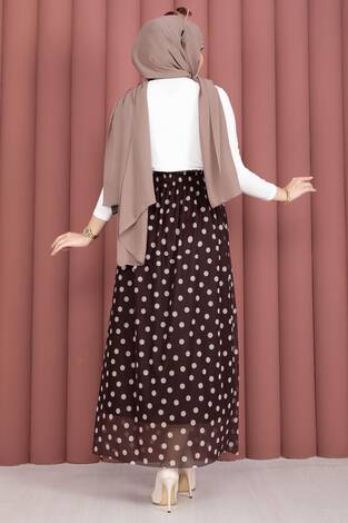 Beli Lastikli Puantiyeli Şifon Tül Yazlık Etek Kahve - Thumbnail