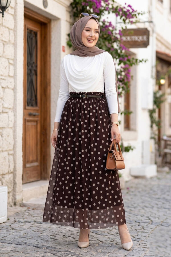 Mds - Beli Lastikli Puantiyeli Şifon Tül Yazlık Etek Kahve