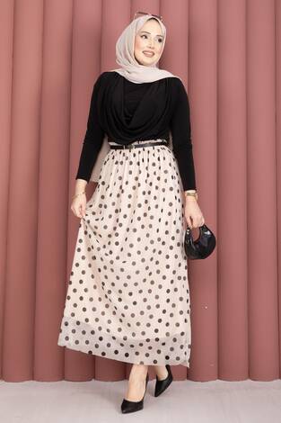 Beli Lastikli Puantiyeli Şifon Tül Yazlık Etek Krem - Thumbnail