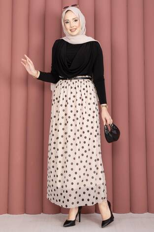 Beli Lastikli Puantiyeli Şifon Tül Yazlık Etek Krem - Thumbnail