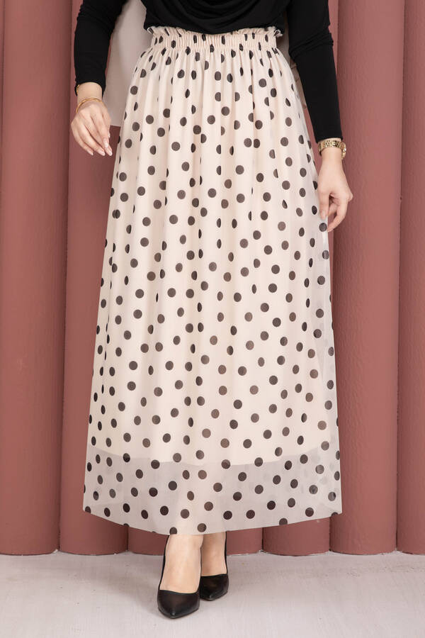 Mds - Beli Lastikli Puantiyeli Şifon Tül Yazlık Etek Krem (1)