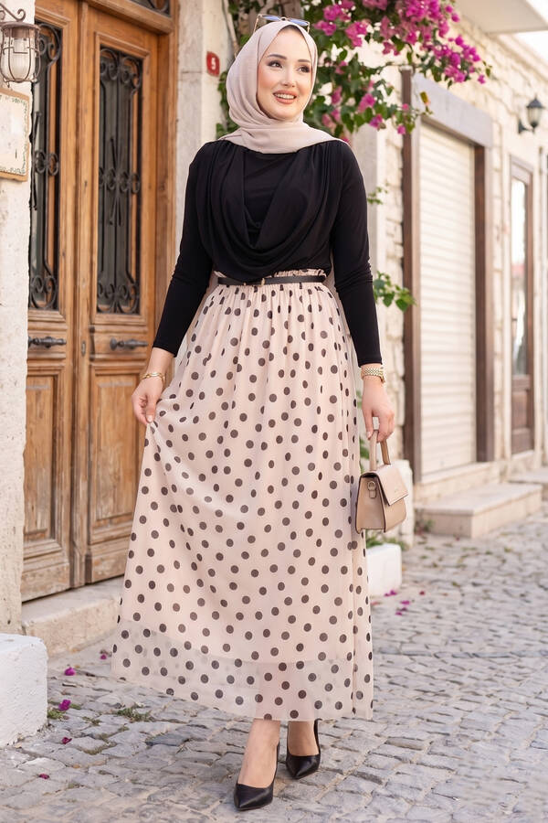 Mds - Beli Lastikli Puantiyeli Şifon Tül Yazlık Etek Krem