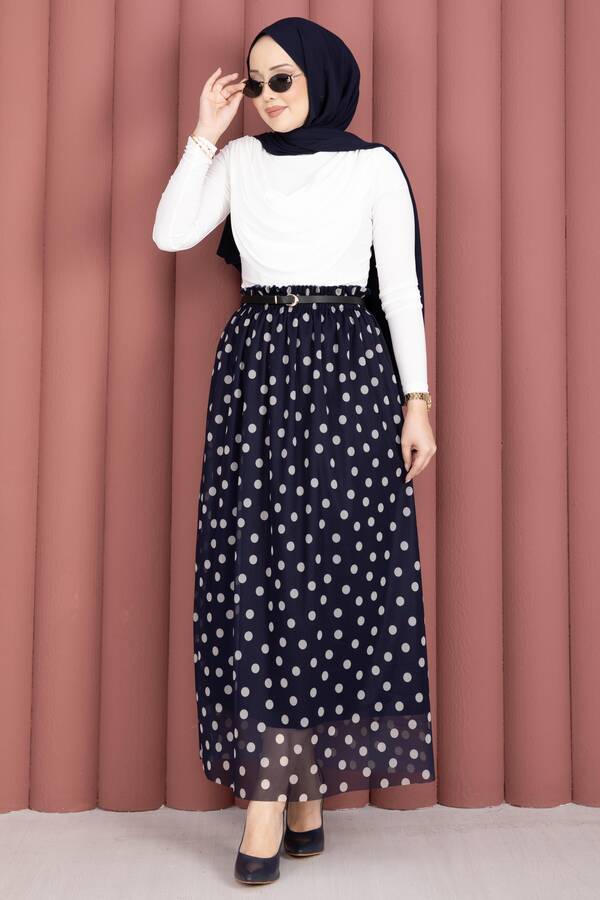 Mds - Beli Lastikli Puantiyeli Şifon Tül Yazlık Etek Lacivert