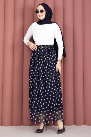 Beli Lastikli Puantiyeli Şifon Tül Yazlık Etek Lacivert - Thumbnail