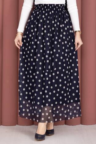 Beli Lastikli Puantiyeli Şifon Tül Yazlık Etek Lacivert - Thumbnail