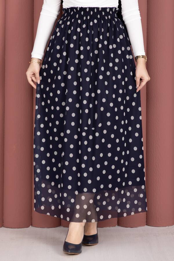 Mds - Beli Lastikli Puantiyeli Şifon Tül Yazlık Etek Lacivert (1)