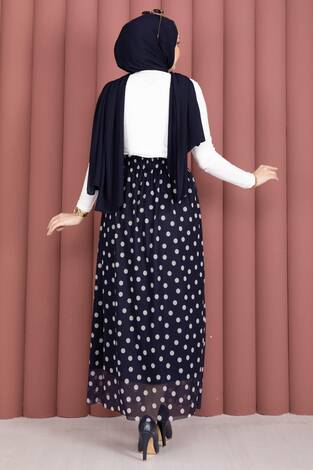 Beli Lastikli Puantiyeli Şifon Tül Yazlık Etek Lacivert - Thumbnail