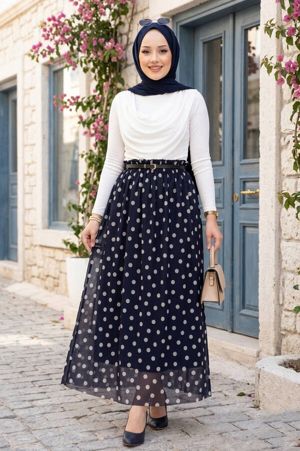 Mds - Beli Lastikli Puantiyeli Şifon Tül Yazlık Etek Lacivert