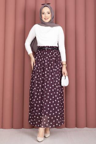 Beli Lastikli Puantiyeli Şifon Tül Yazlık Etek Mürdüm - Thumbnail