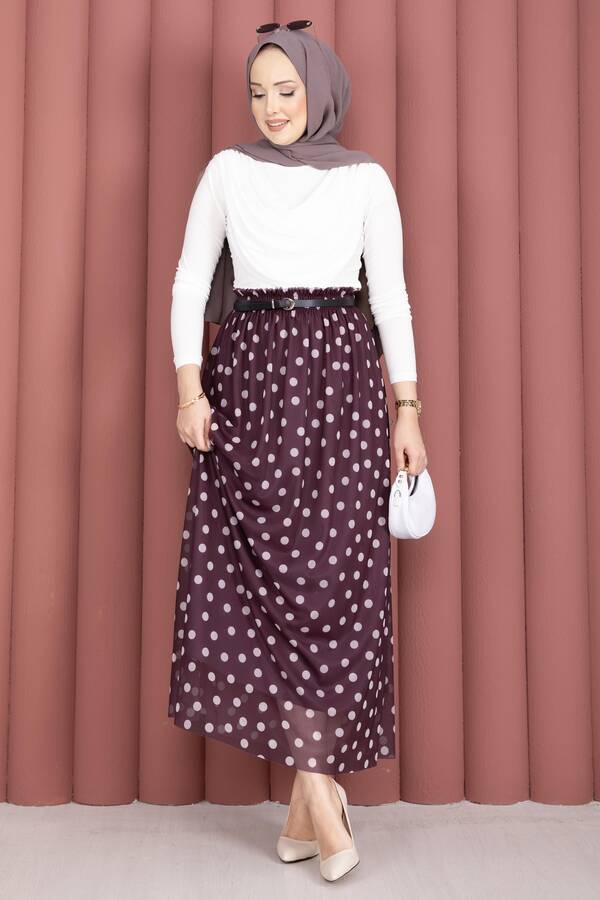 Mds - Beli Lastikli Puantiyeli Şifon Tül Yazlık Etek Mürdüm