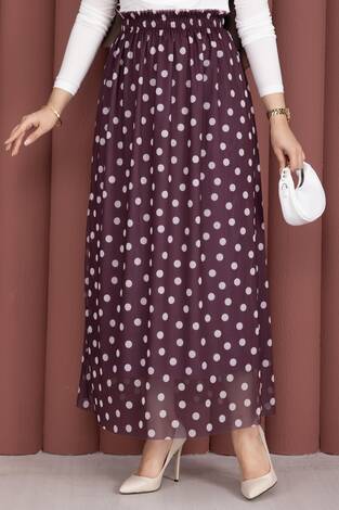 Beli Lastikli Puantiyeli Şifon Tül Yazlık Etek Mürdüm - Thumbnail