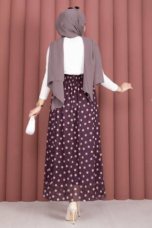 Beli Lastikli Puantiyeli Şifon Tül Yazlık Etek Mürdüm - Thumbnail