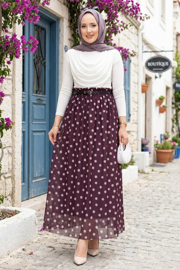 Mds - Beli Lastikli Puantiyeli Şifon Tül Yazlık Etek Mürdüm