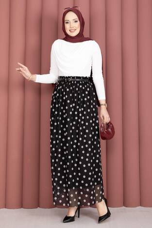 Beli Lastikli Puantiyeli Şifon Tül Yazlık Etek Siyah - Thumbnail