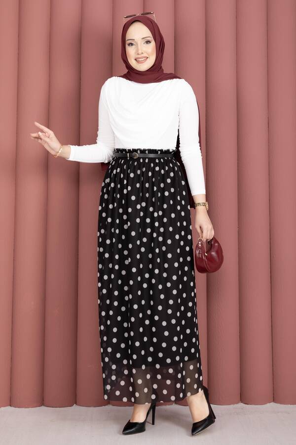 Mds - Beli Lastikli Puantiyeli Şifon Tül Yazlık Etek Siyah