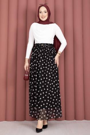 Beli Lastikli Puantiyeli Şifon Tül Yazlık Etek Siyah - Thumbnail