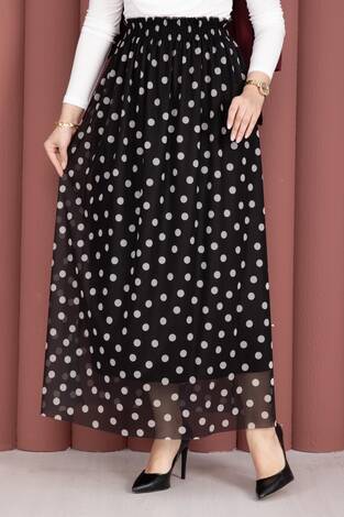 Beli Lastikli Puantiyeli Şifon Tül Yazlık Etek Siyah - Thumbnail