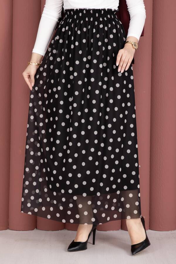 Mds - Beli Lastikli Puantiyeli Şifon Tül Yazlık Etek Siyah (1)