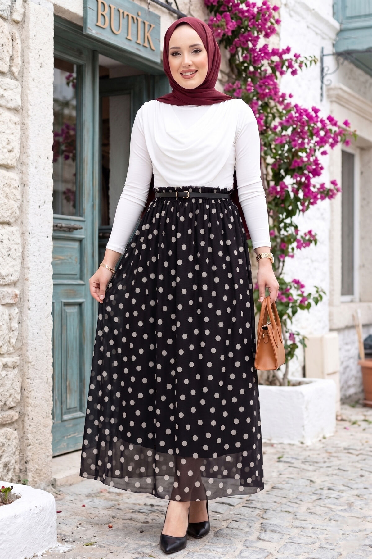 Beli Lastikli Puantiyeli Şifon Tül Yazlık Etek Siyah