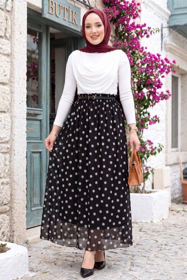 Mds - Beli Lastikli Puantiyeli Şifon Tül Yazlık Etek Siyah