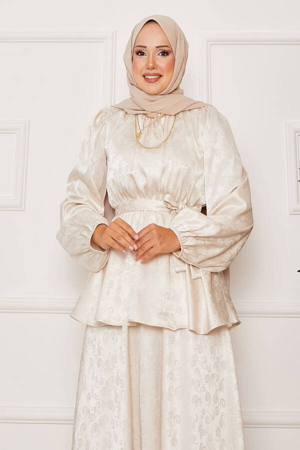 MD - Beli Lastikli Seyyar Kuşaklı Jakar İkili Takım Krem (1) MD - Beli Lastikli Seyyar Kuşaklı Jakar İkili Takım Krem (1)