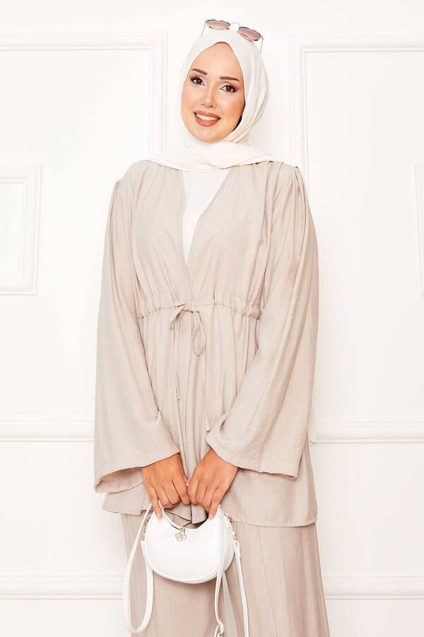 MD - Beli Tünel Kuşaklı Kimono İkili Takım Bej (1) MD - Beli Tünel Kuşaklı Kimono İkili Takım Bej (1)