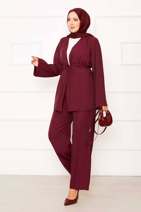 Beli Tünel Kuşaklı Kimono İkili Takım Bordo Beli Tünel Kuşaklı Kimono İkili Takım Bordo